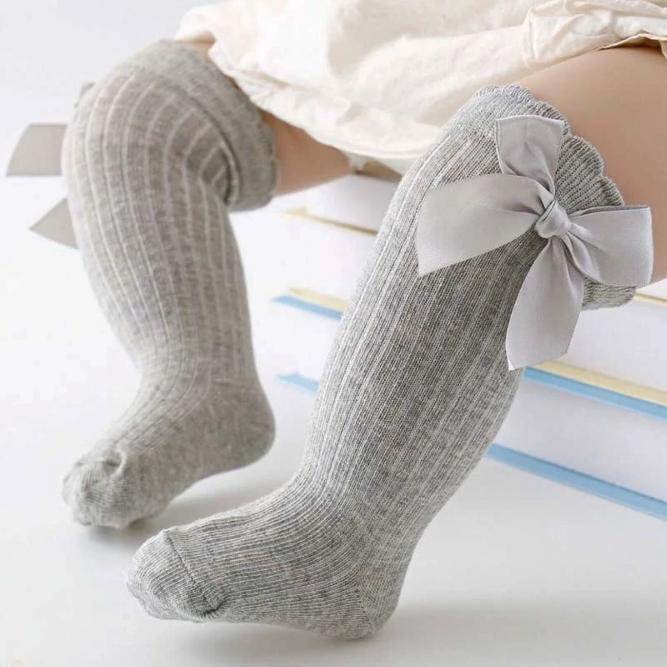 Girls’ Long Dress Socks with Bow – Premium Quality Gray Cotton