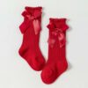 Girls’ Long Dress Socks with Bow – Premium Quality Red Cotton