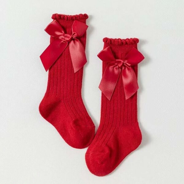Girls’ Long Dress Socks with Bow – Premium Quality Red Cotton