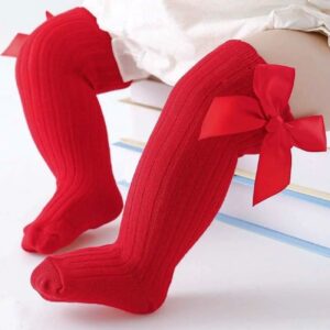 Girls’ Long Dress Socks with Bow – Premium Quality Red Cotton
