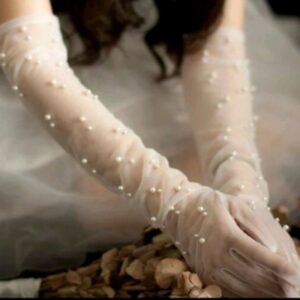 Luxury White Bridal Lace Gloves With Pearls, Embellished With Pearls