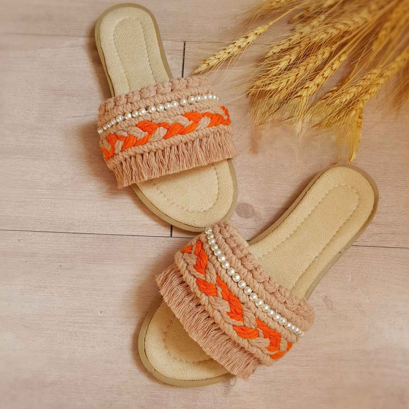 Macrame Indoor Slipper - Perfect for Housewarming with Pearl Dseign in Orange