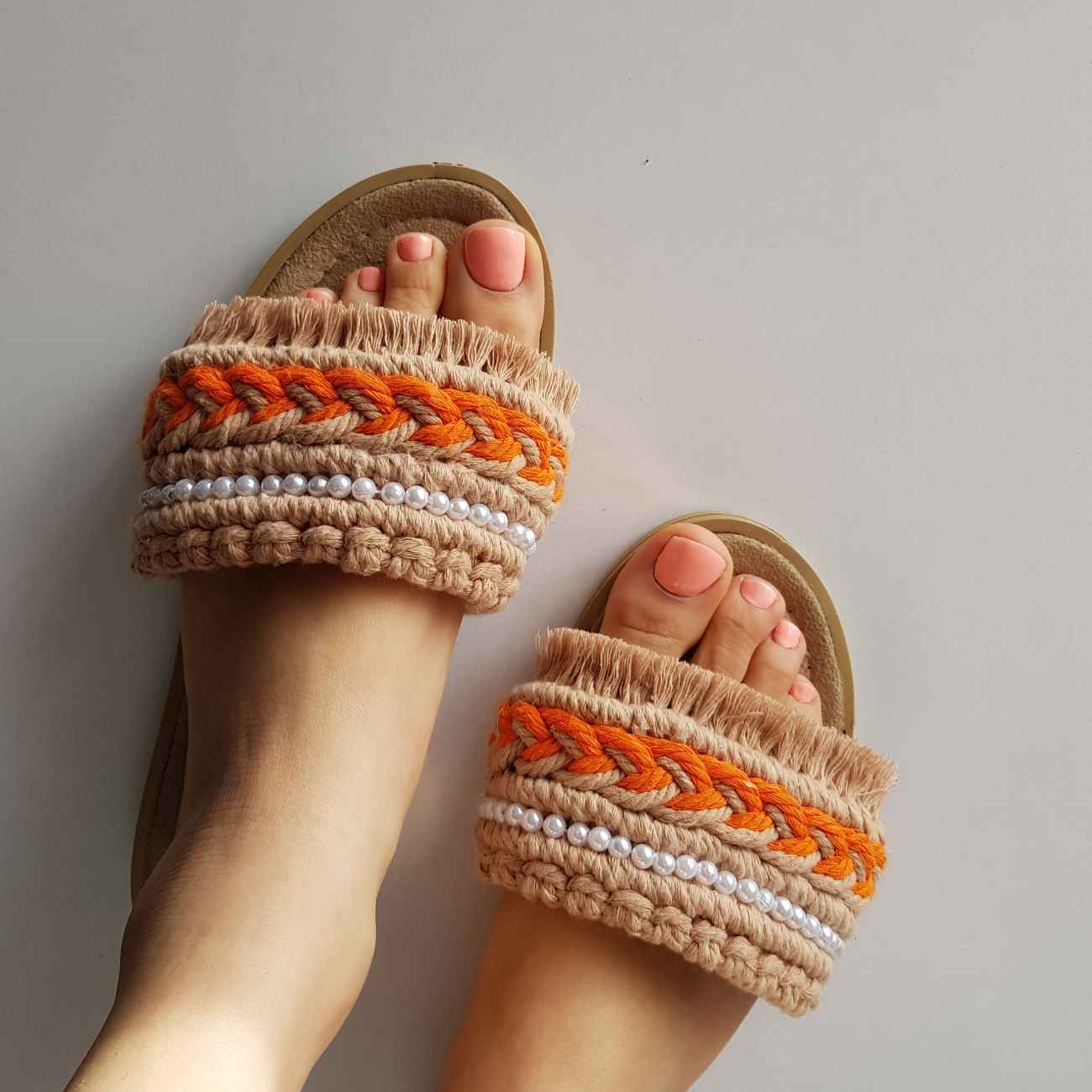 Macrame Indoor Slipper – Perfect for Housewarming with Pearl Dseign in Orange