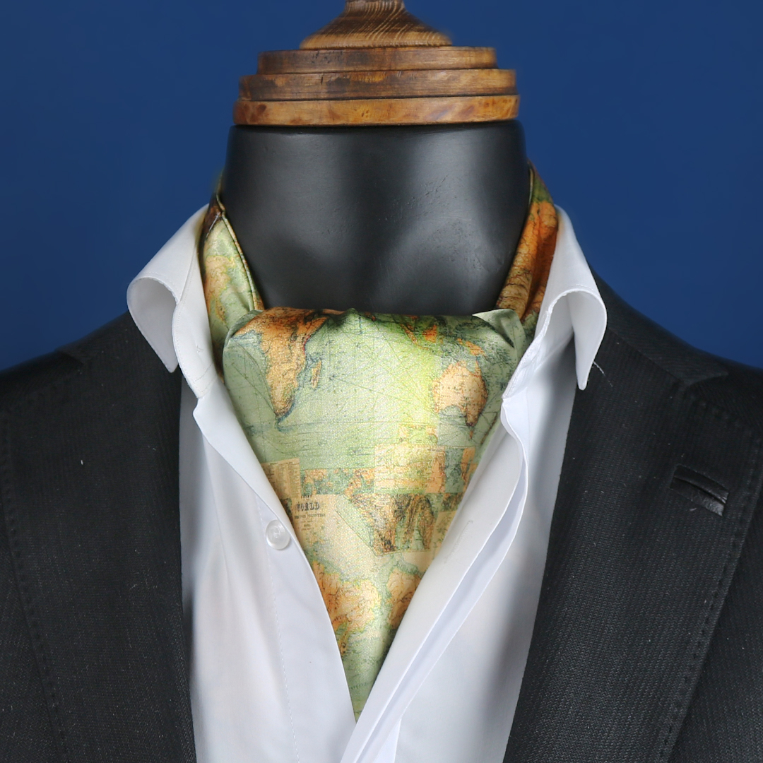 Elegant Ascot tie – Ideal for Event & Ceremony with Earth Map Pattern in Green