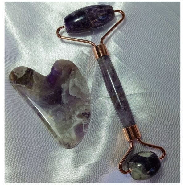 Natural Amethyst Facisal Roller Stone Massage Set with Gua Sha