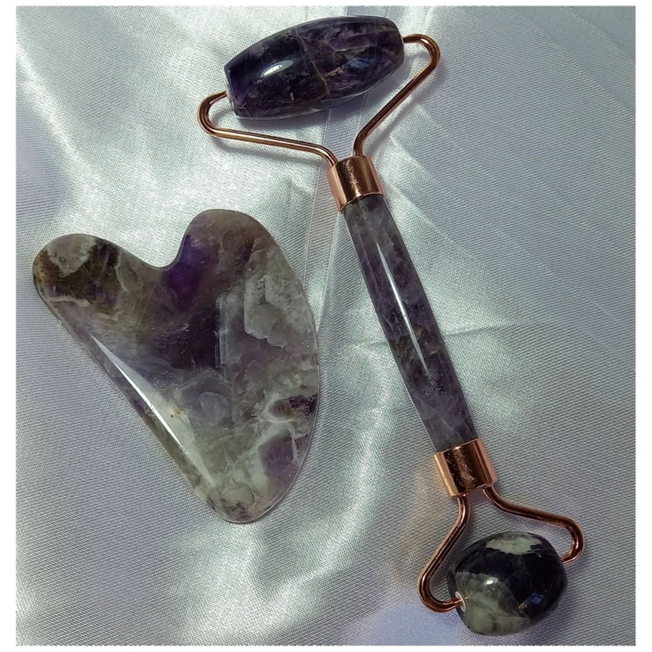 Natural Amethyst Facisal Roller Stone Massage Set with Gua Sha