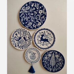 Navy Blue Traditional Design Pottery Wall Plates with Hangers – Set of 5
