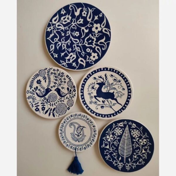 Navy Blue Traditional Design Pottery Wall Plates with Hangers – Set of 5