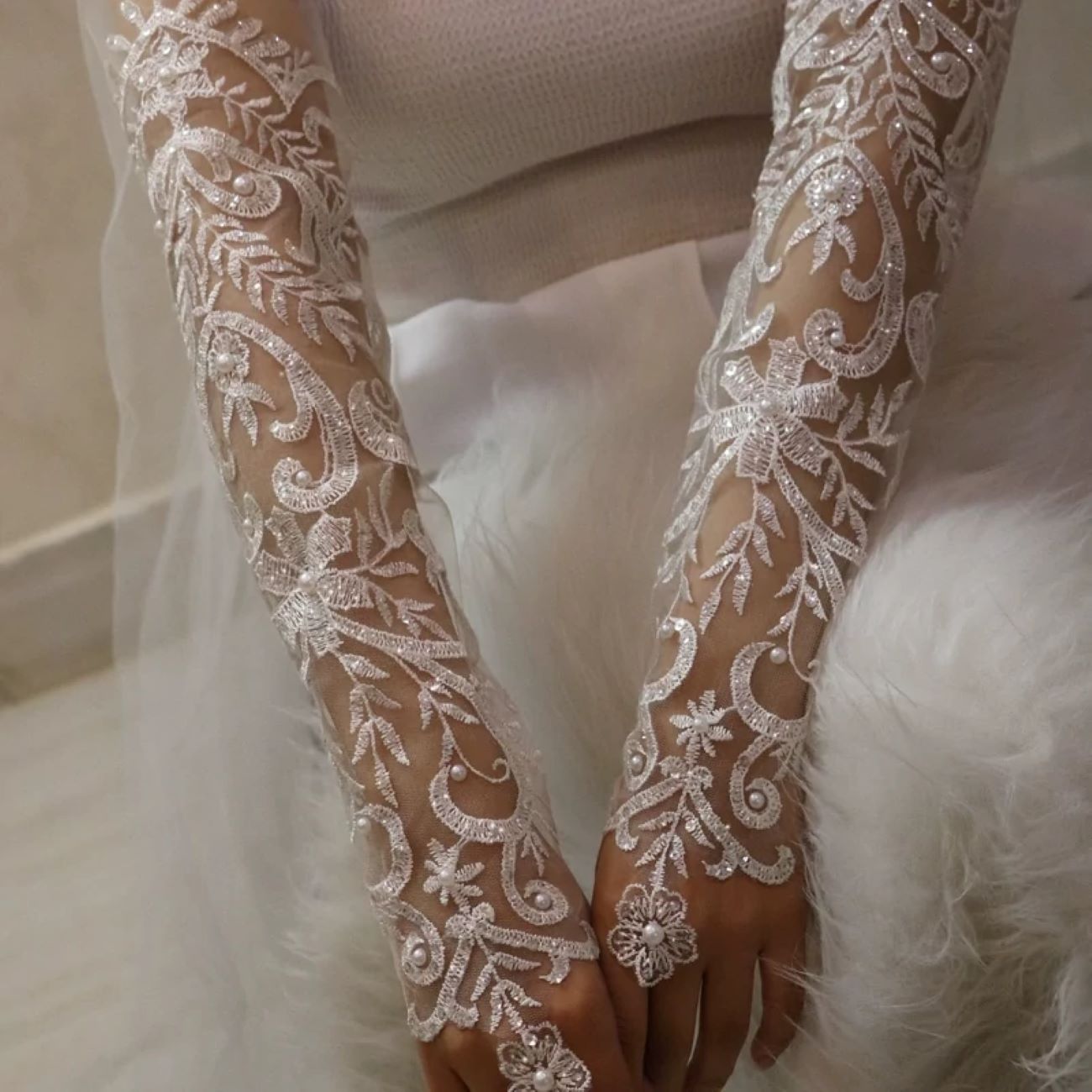 Bridal Gloves Embellished With Sequins And Pearls For Wedding Ceremony