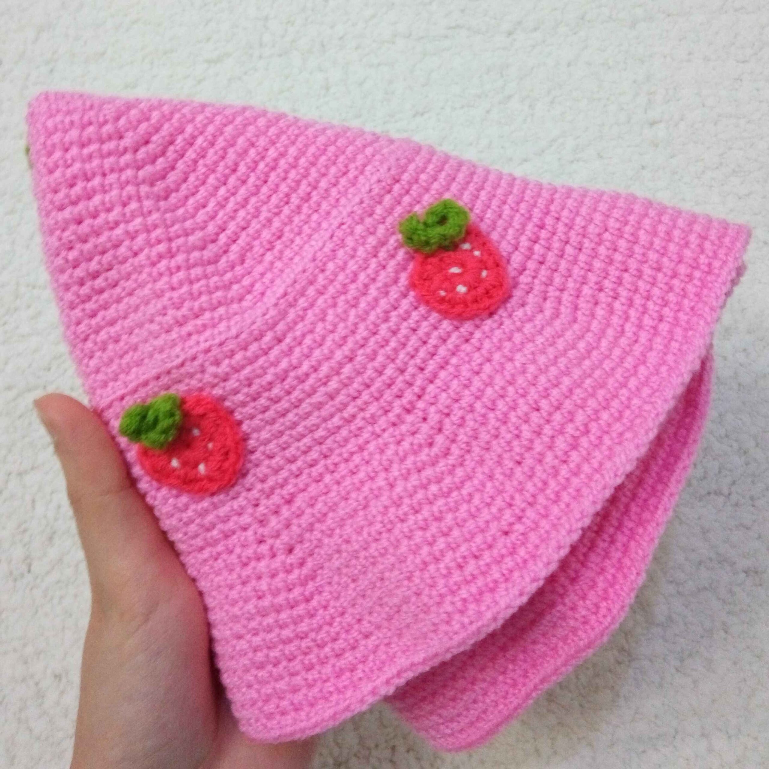 Pink Strawberry Crochet Bucket Hat – Suitable for Outdoor Activities and Music Events