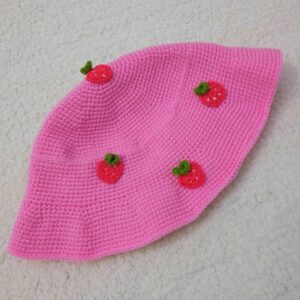 Pink Strawberry Crochet Bucket Hat – Suitable for Outdoor Activities and Music Events