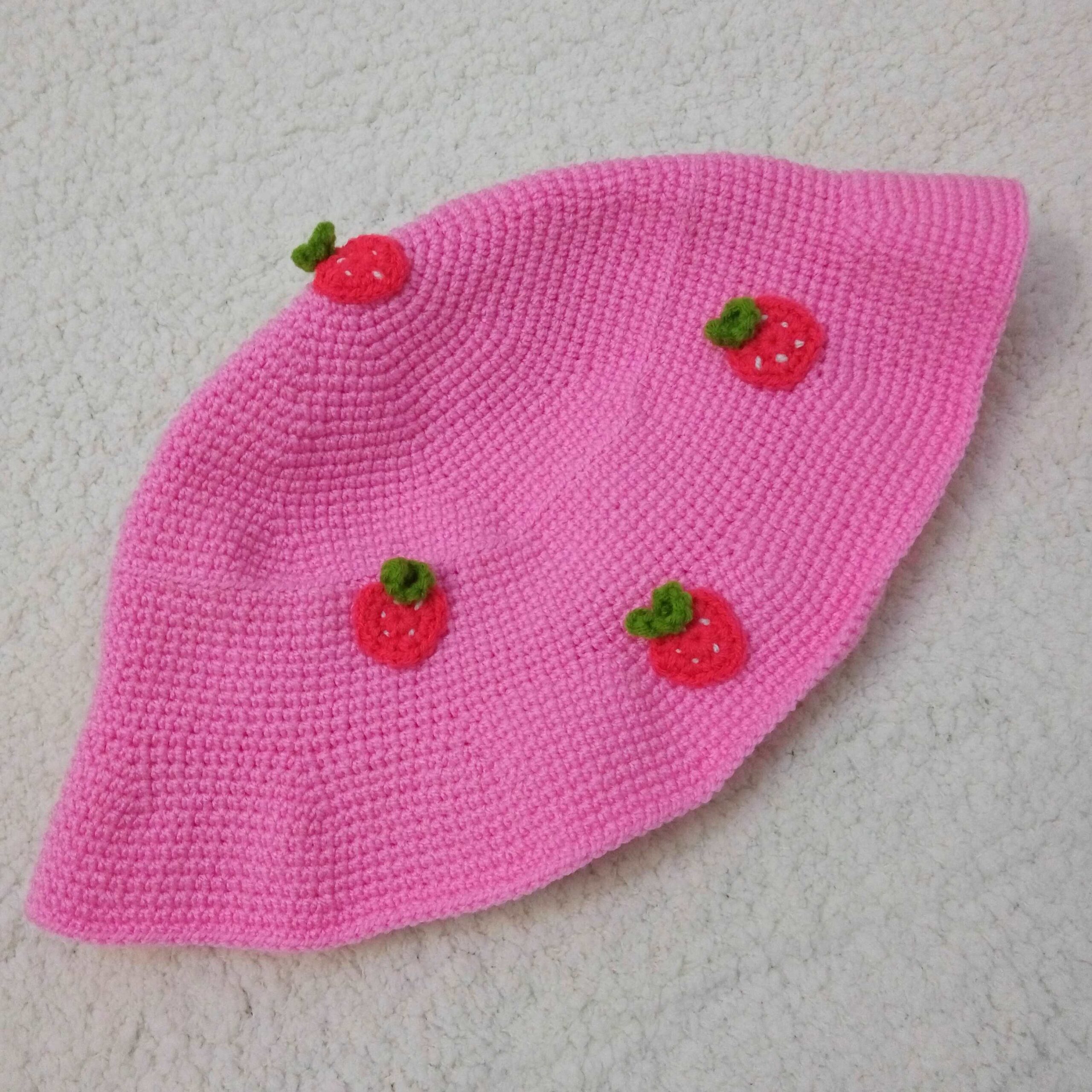 Pink Strawberry Crochet Bucket Hat – Suitable for Outdoor Activities and Music Events
