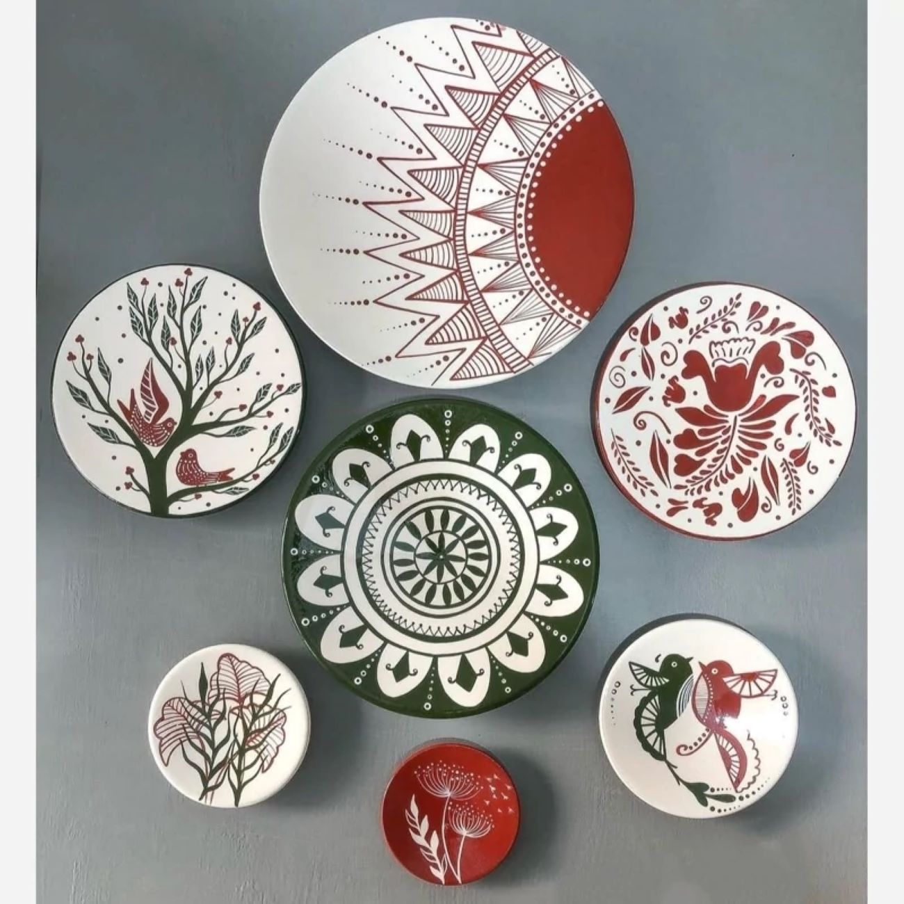 Pottery Wall Plates with Sun and Bird Design — Set of 7, image size:1300x1300