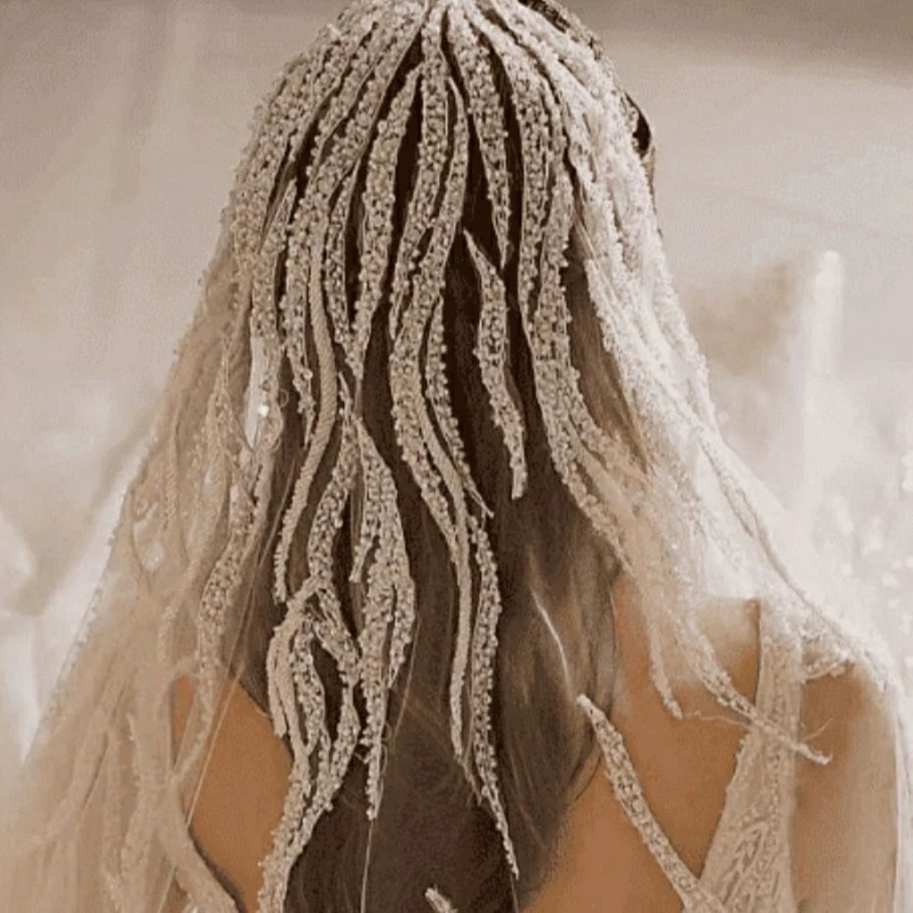 Waterfall-Style Bridal Veil, Entirely Hand-Embroidered With Unique and Exquisite Crystal Pearls. Length 120 cm