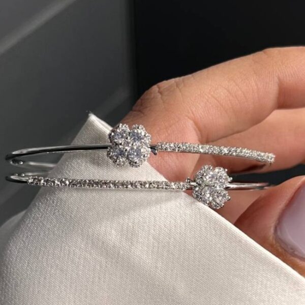 Women’s Double-Line Cuff Bracelet for Women, Full-Stone with Flower Design