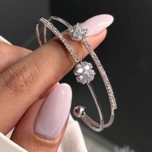 Women’s Double-Line Cuff Bracelet for Women, Full-Stone with Flower Design