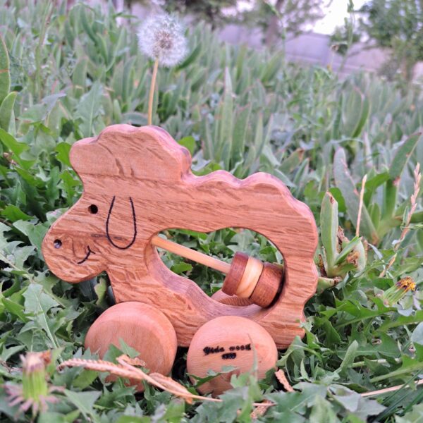 Wooden Lamb Baby Rattle – Oak Wood, Plant-Oil Finish with Movable Wheels