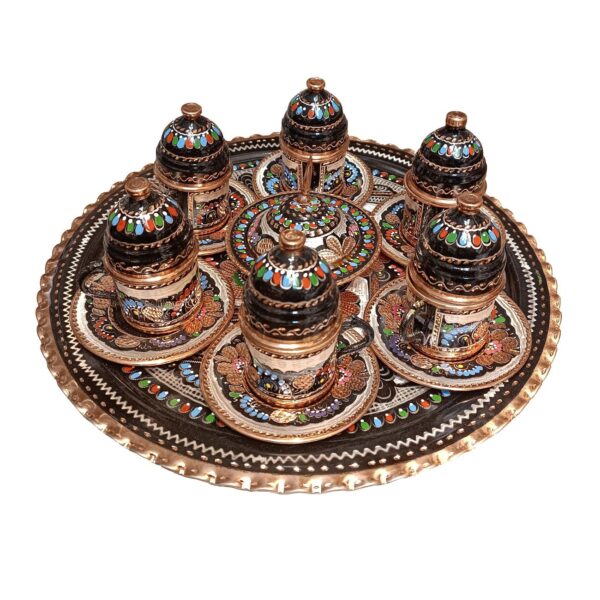 16-Piece Charcoal Copper Samovar Set with Mina-Kari Enamel Design