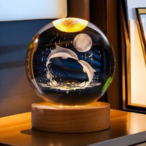 3D Crystal Globe Table Lamp, Romantic Dolphin and Moon Design Model