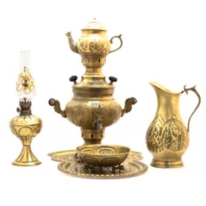 6-Piece Brass Charcoal Samovar Set, Ghalamkari Engraving