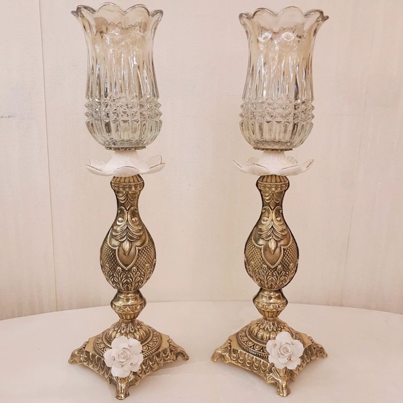 Bronze Candle Holder with White Blossom Flower Design