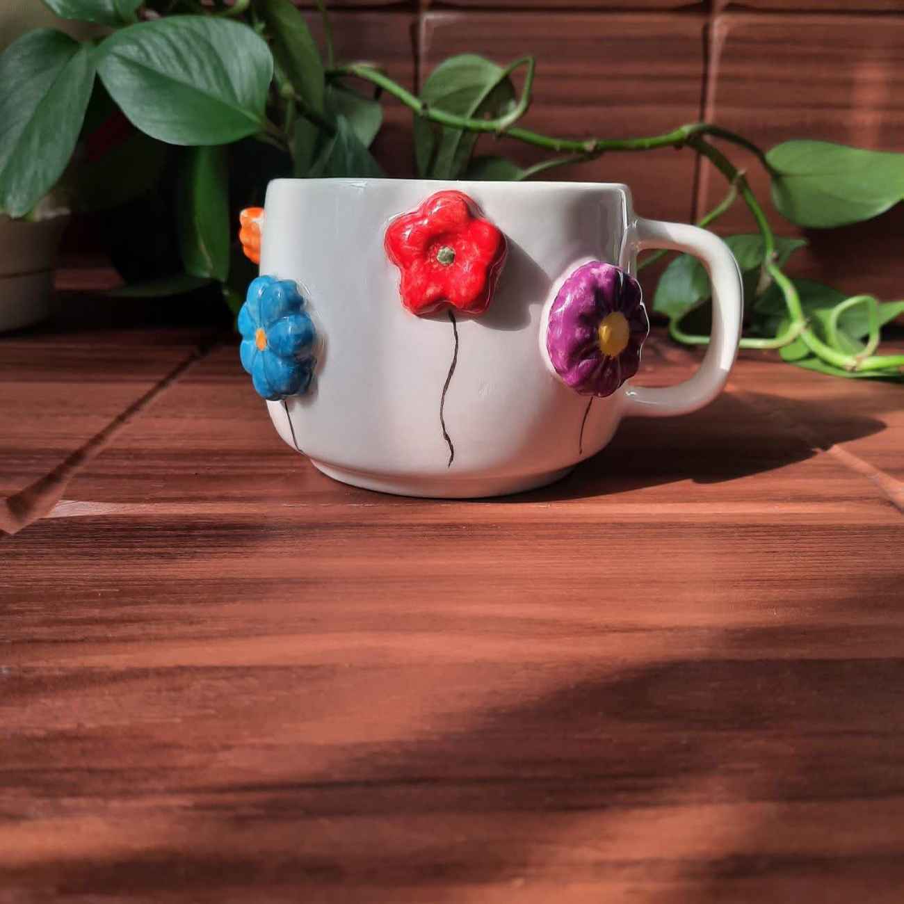 Handcrafted Embossed Floral Ceramic Mug – Fantasy Style with Raised Flower Design