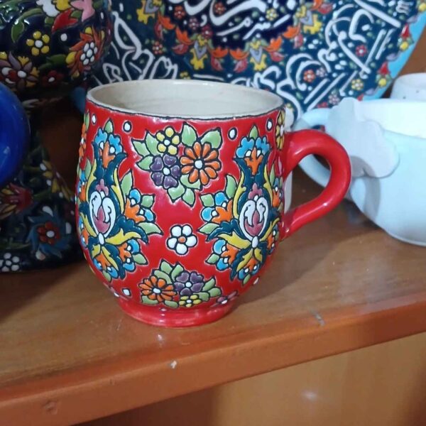 Handmade Coffee Mug – Enamel-Finished Pottery, with Floral Design in Red