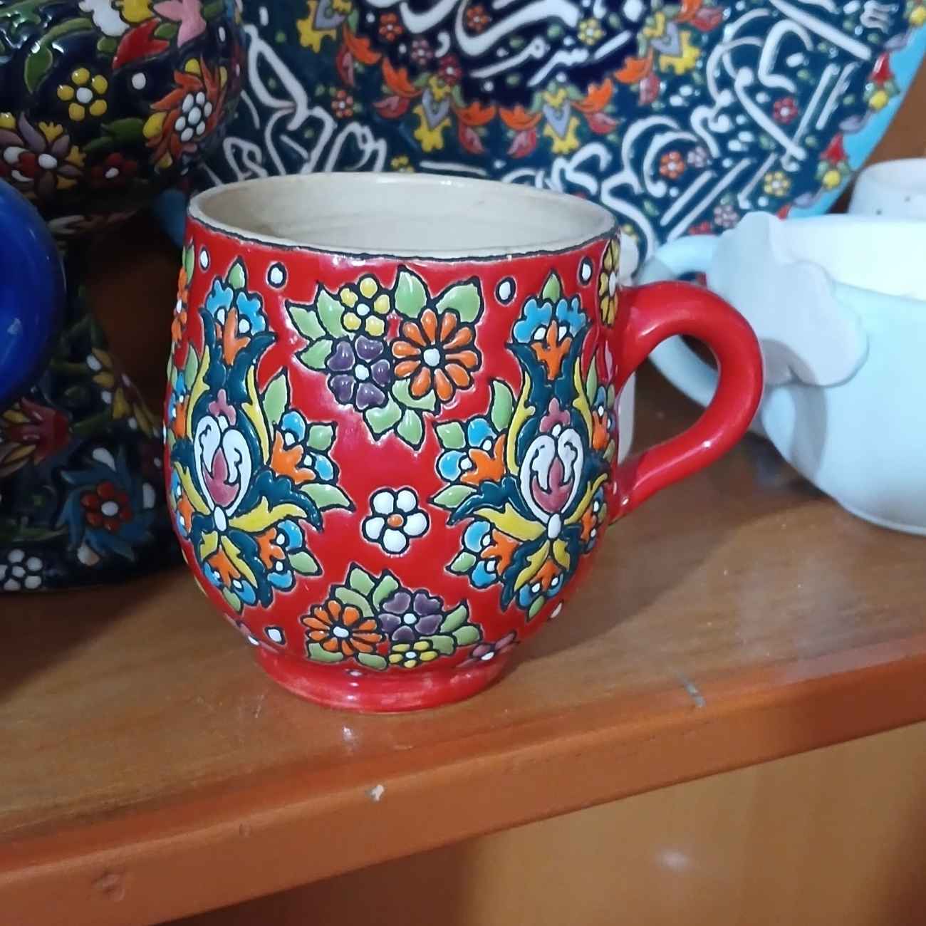 Handmade Coffee Mug – Enamel-Finished Pottery, with Floral Design in Red