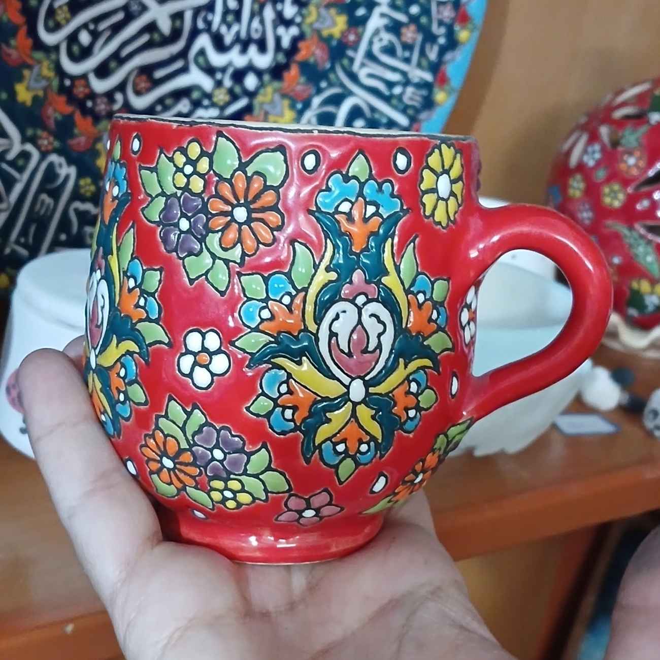 Handmade Coffee Mug – Enamel-Finished Pottery, with Floral Design in Red