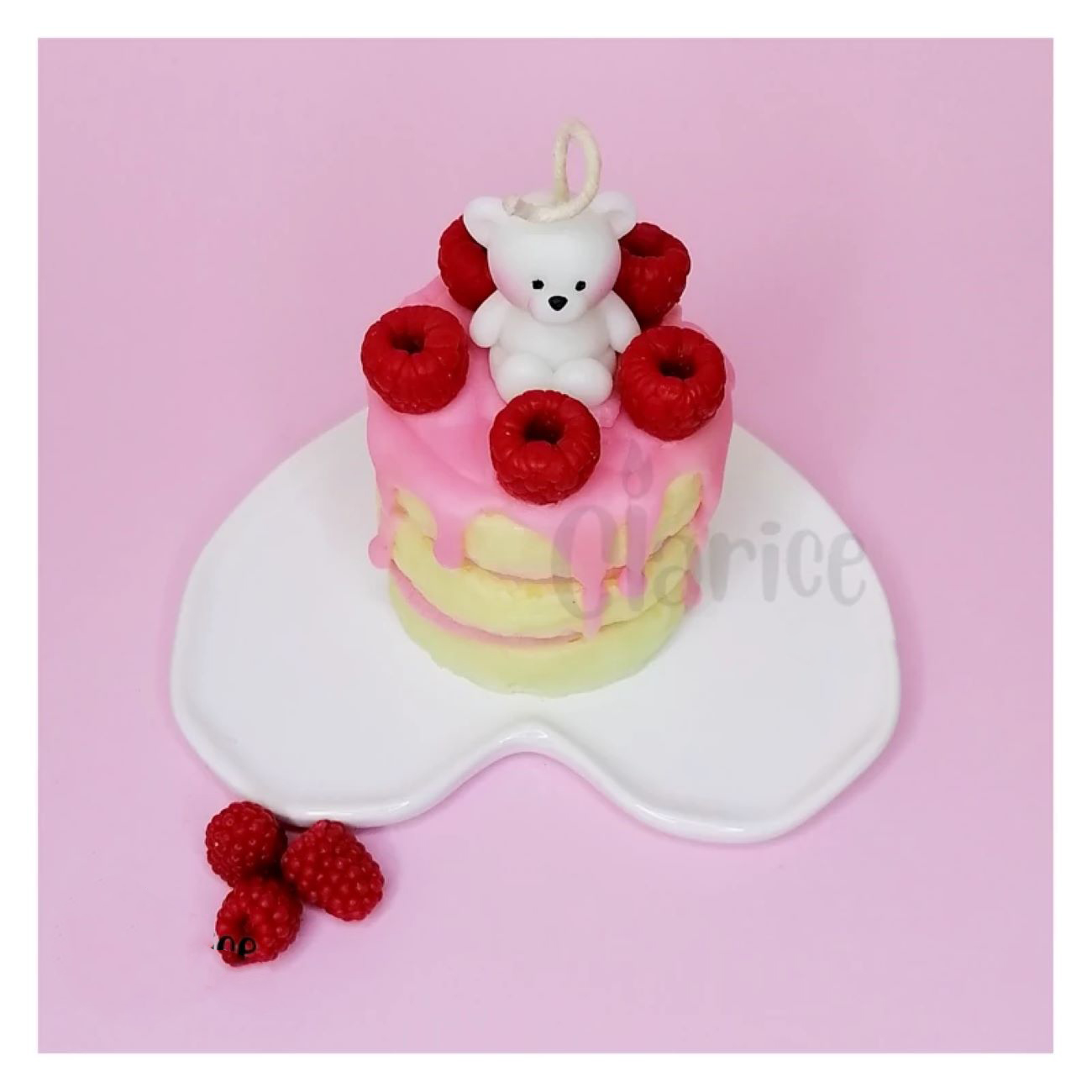 Handmade Lemon Yellow Fancy Candle in Layered Cake Style with Bear and Raspberry