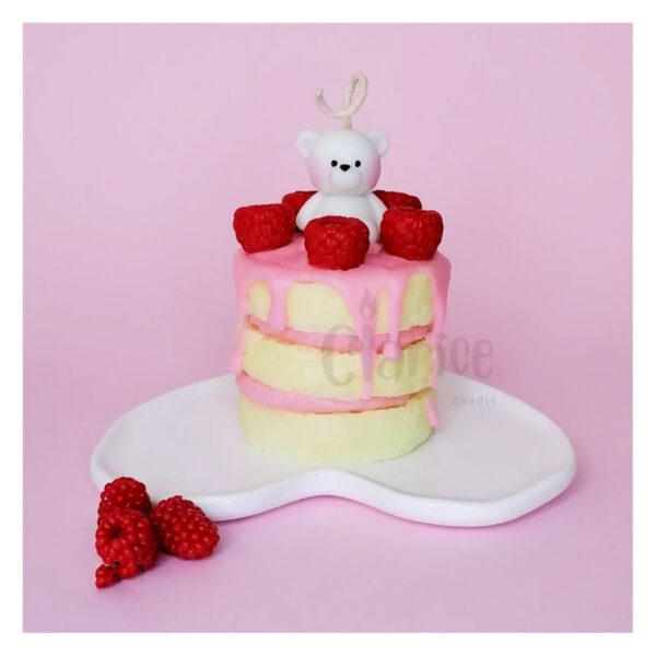 Handmade Lemon Yellow Fancy Candle in Layered Cake Style with Bear and Raspberry