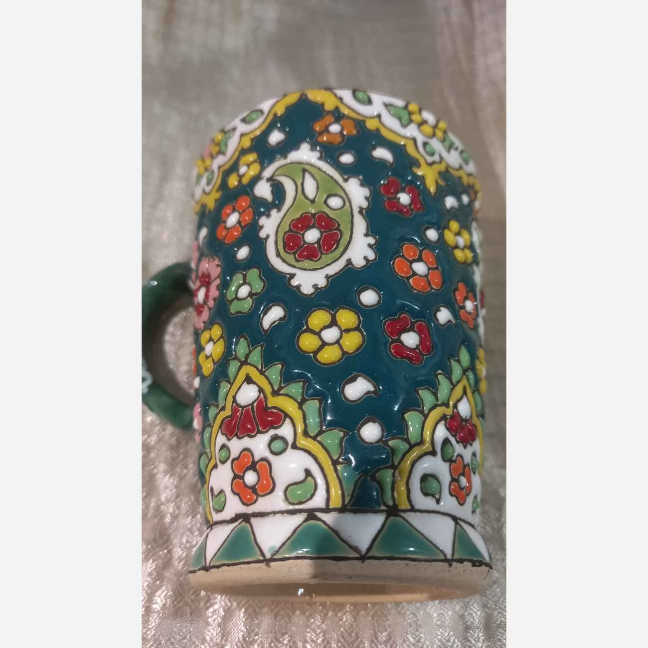 Handmade Minakari Mug – Artisan Pottery Coffee Cup, Suitable for Kitchenware in Green