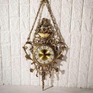 Large Brass Hanging Wall Clock with Brass Floral Pendant