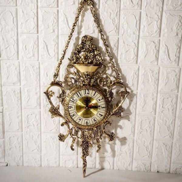 Large Brass Hanging Wall Clock with Brass Floral Pendant