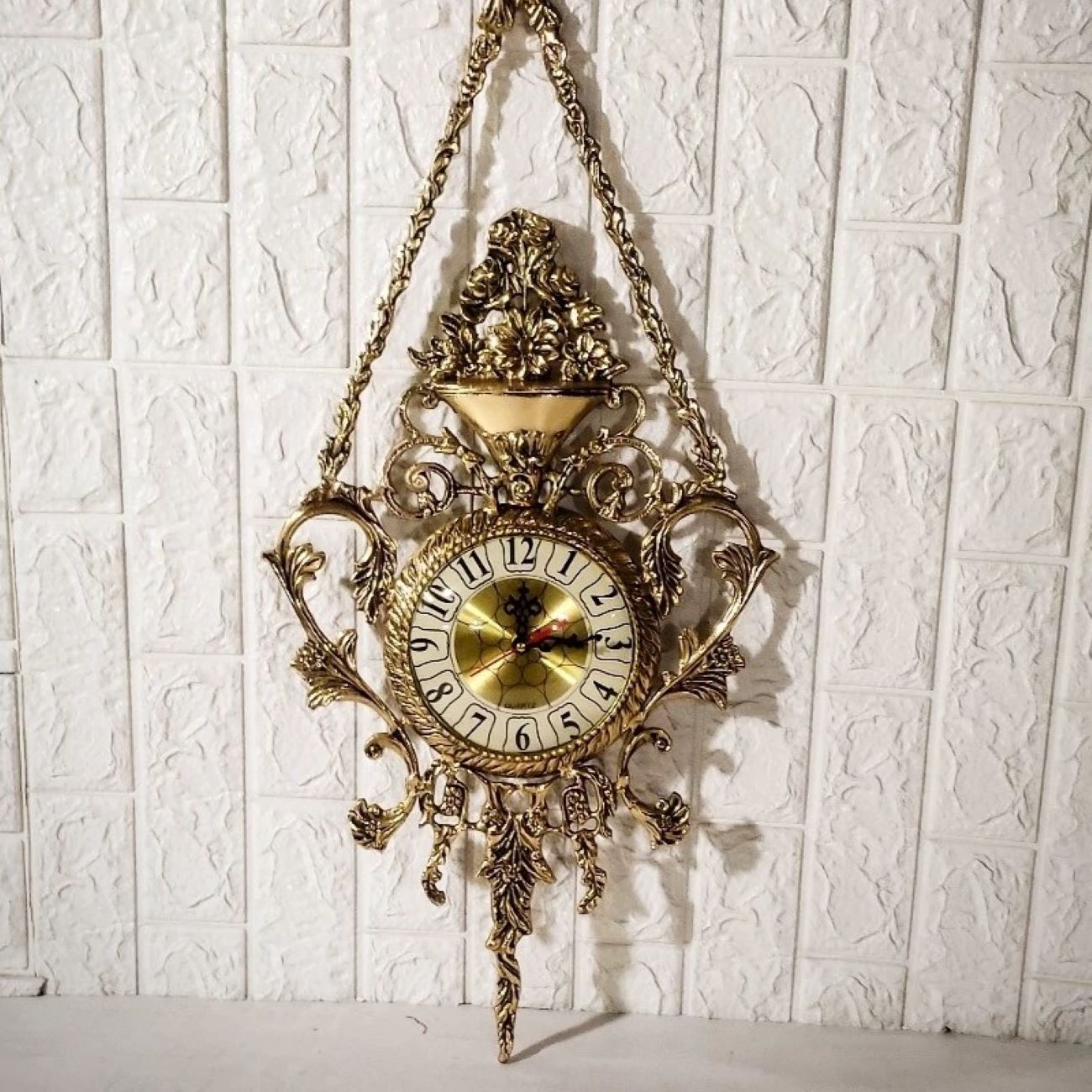 Large Brass Hanging Wall Clock with Brass Floral Pendant
