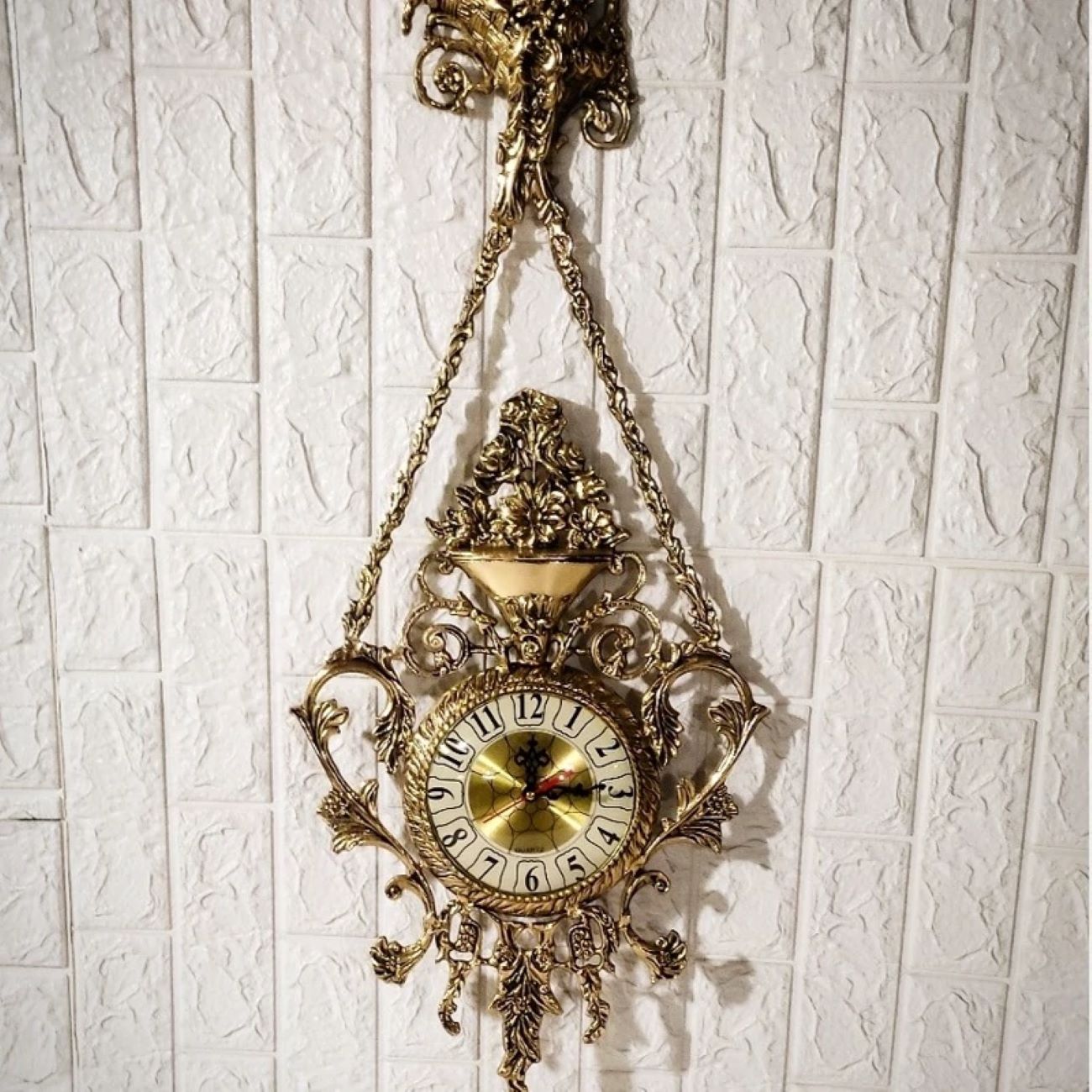 Large Brass Hanging Wall Clock with Brass Floral Pendant