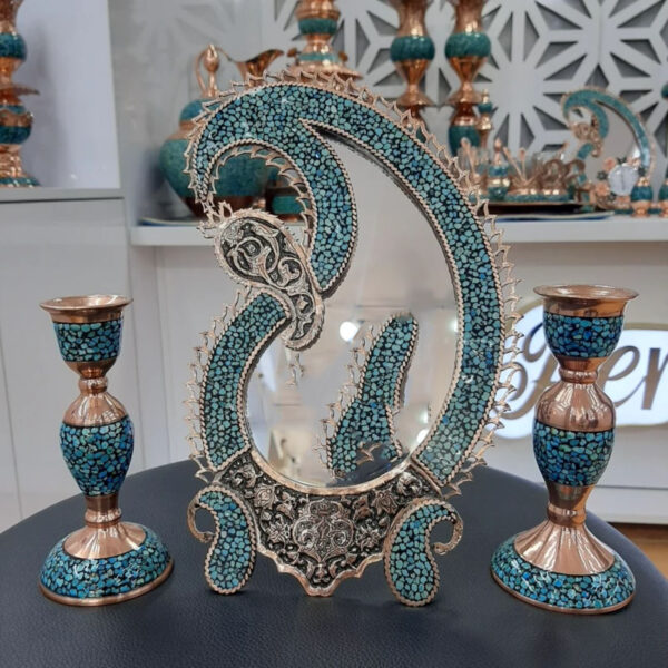 Medium-Sized Turquoise Inlay Mirror and Candle Holder Set – Paransa Brand