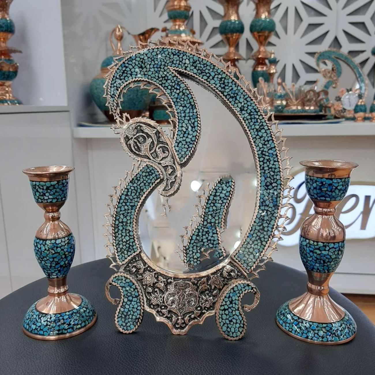Medium-Sized Turquoise Inlay Mirror and Candle Holder Set – Paransa Brand