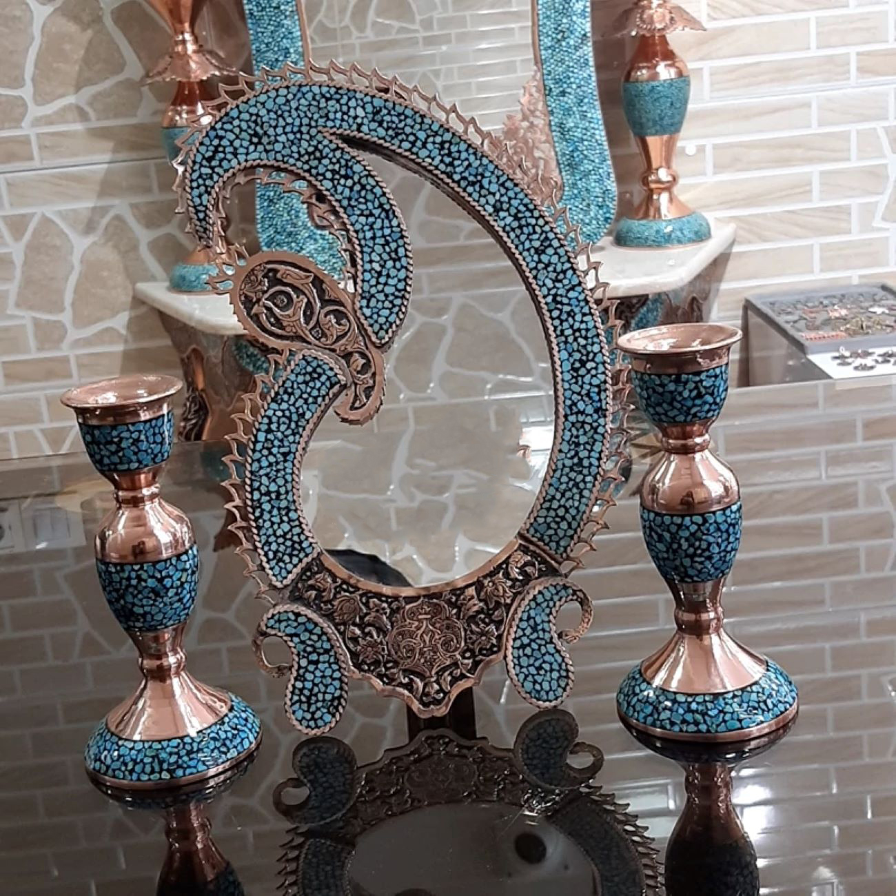 Medium-Sized Turquoise Inlay Mirror and Candle Holder Set – Paransa Brand