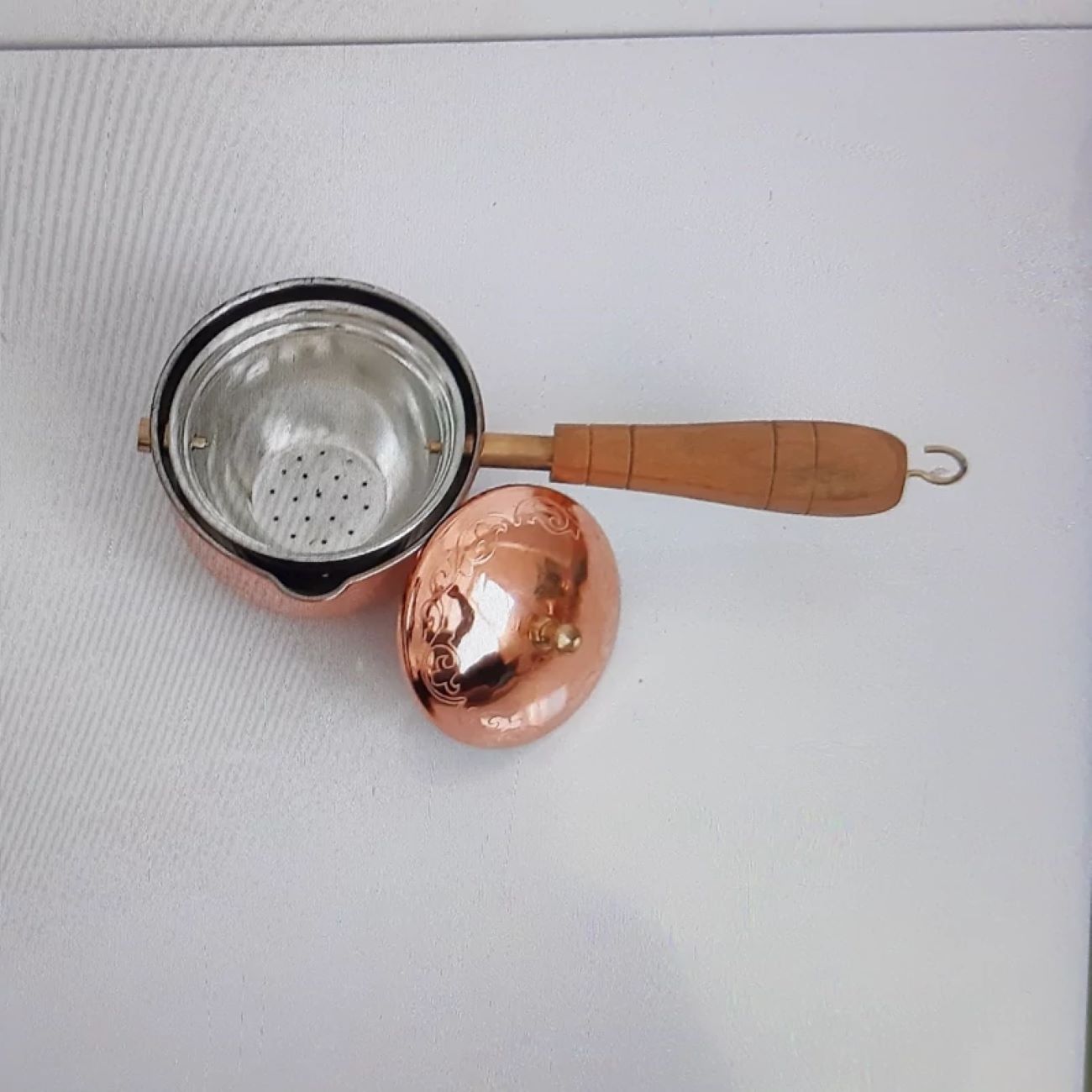 Patterned Copper Tea Infuser with Wooden Handle