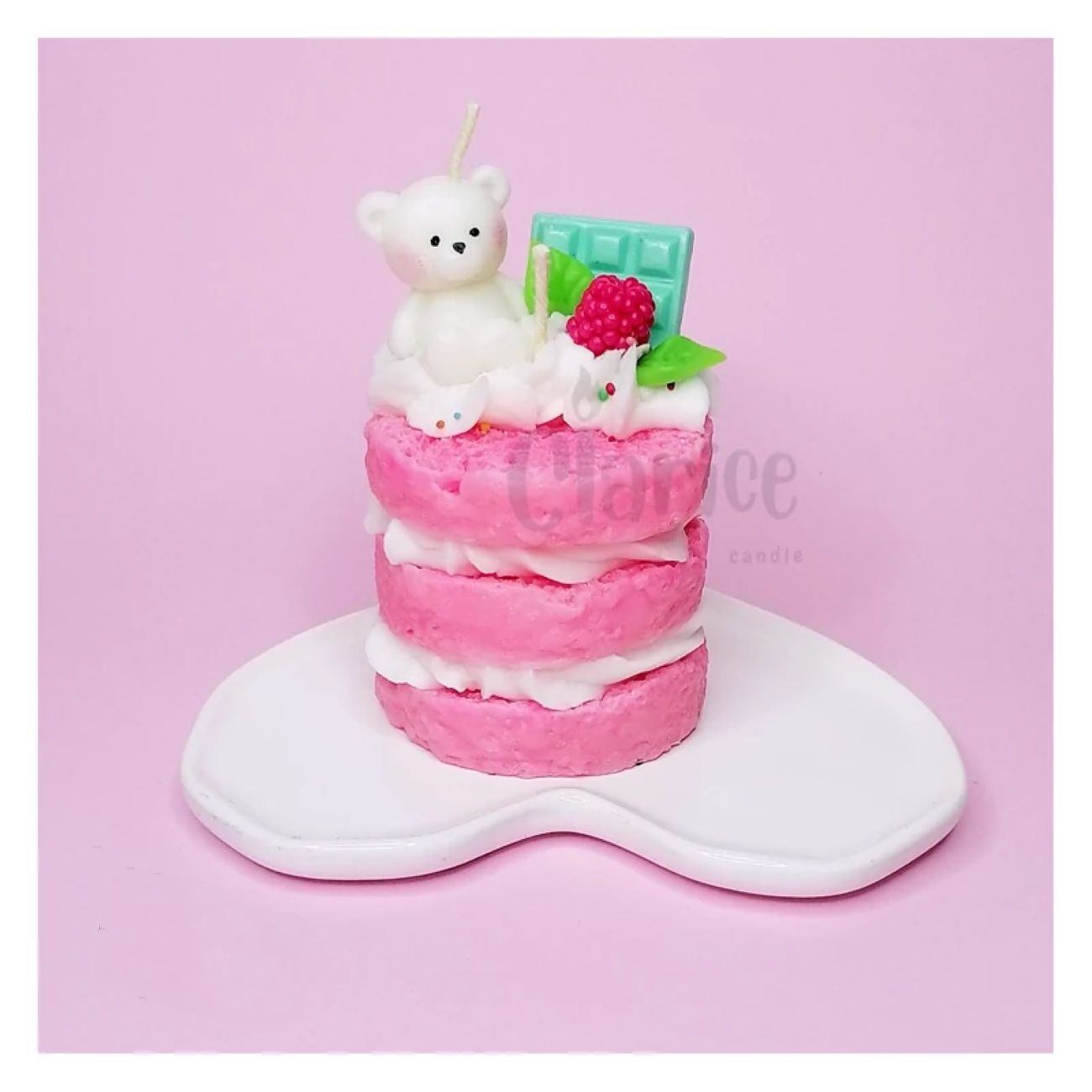 Pink Handmade Fancy Candle in Layered Cake Style with Bear and Chocolate