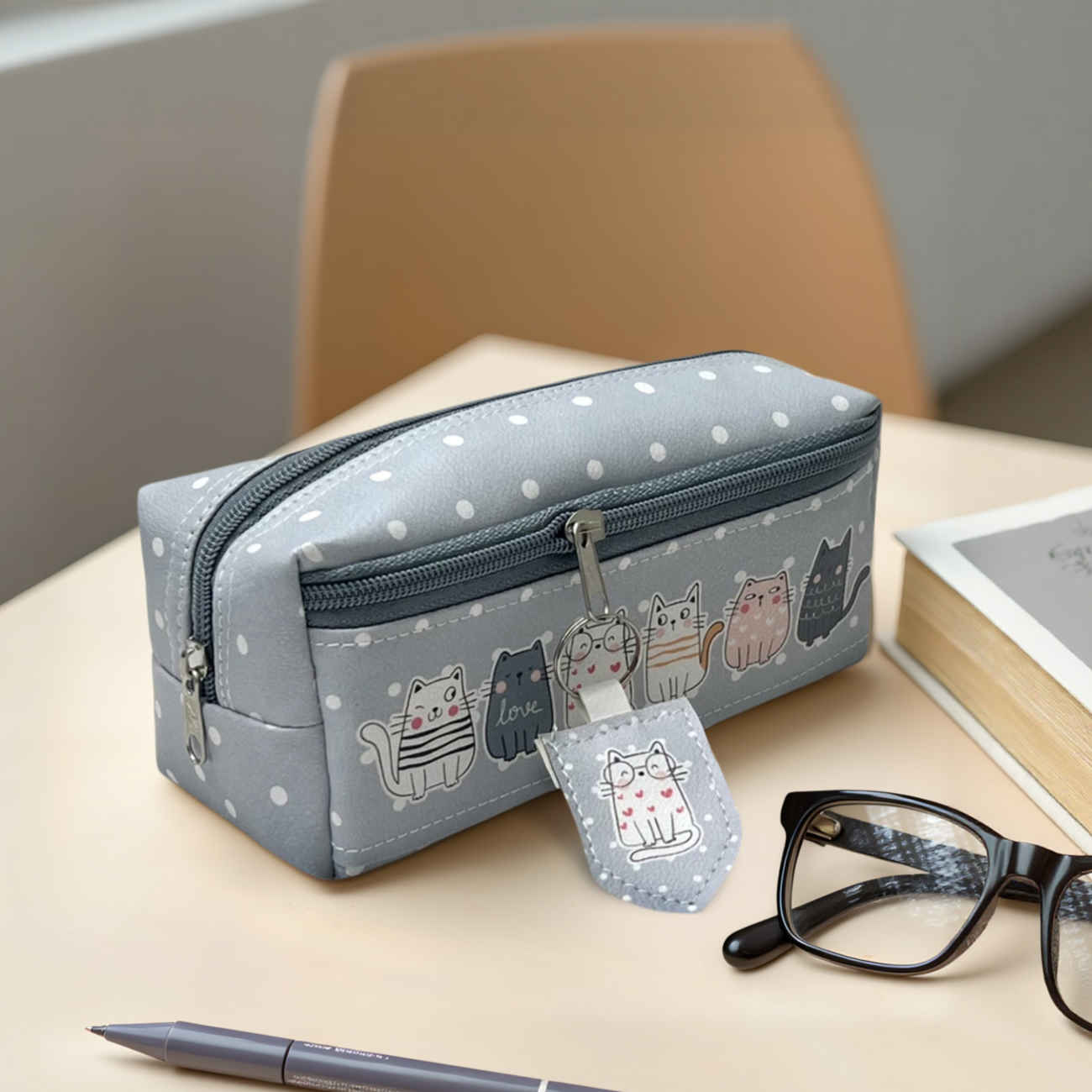 Pencil Case – Very Large and Roomy, 3 Zippers & Comes with Cat Design