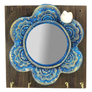 Elegant Blue Mirror Key Holder – Handcrafted in Wood & Ceramic for Timeless Appeal