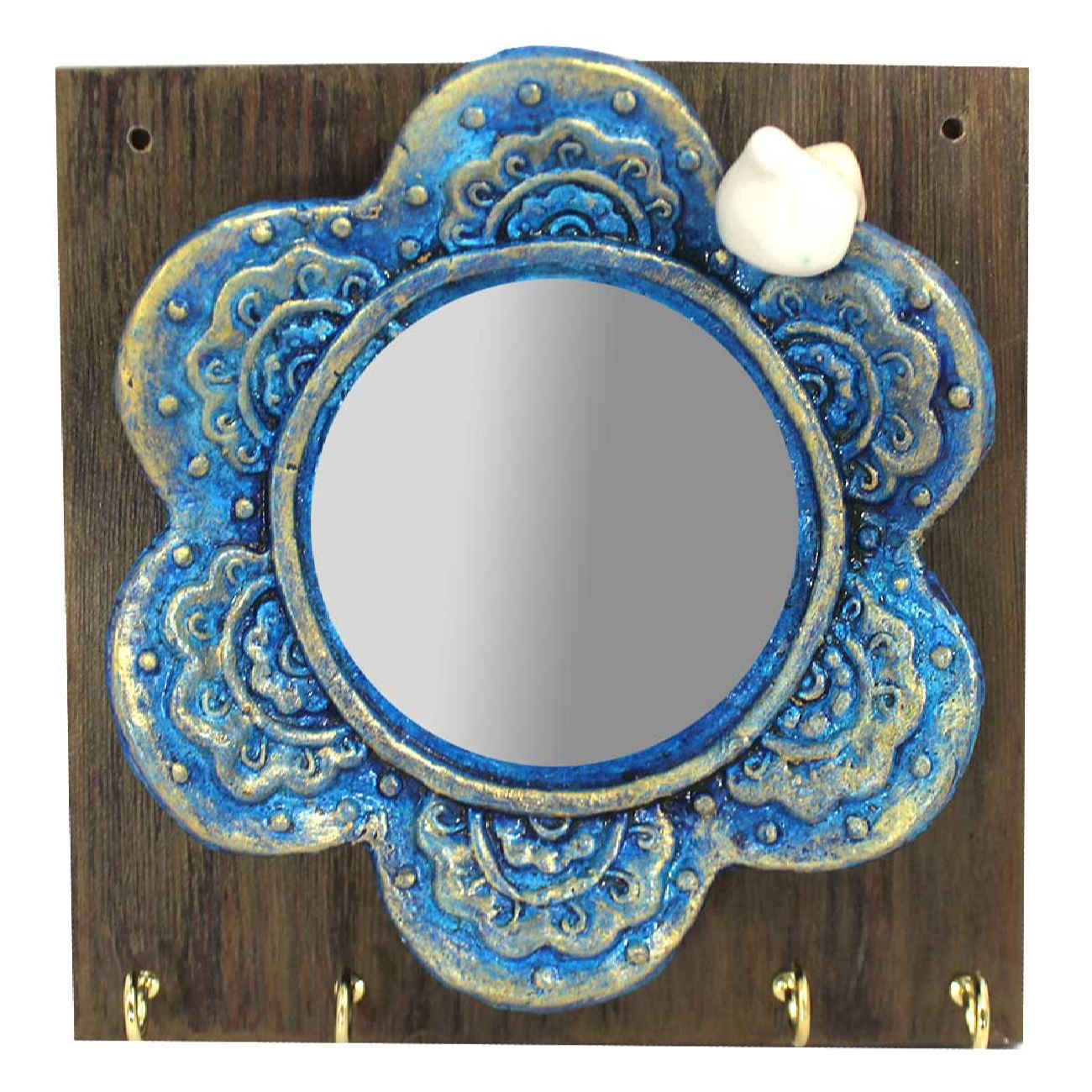 Elegant Blue Mirror Key Holder – Handcrafted in Wood & Ceramic for Timeless Appeal