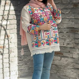 Hand-Embroidered Linen Blazer-Style Manto – for Every Occasion with Geometric Design