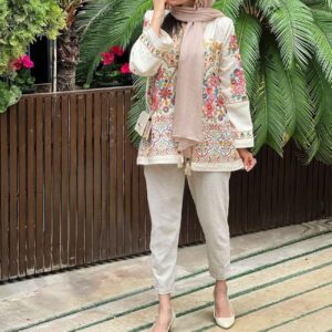 Stylish Linen Manto for Women, Hand-Embroidered & Breathable with Floral Design