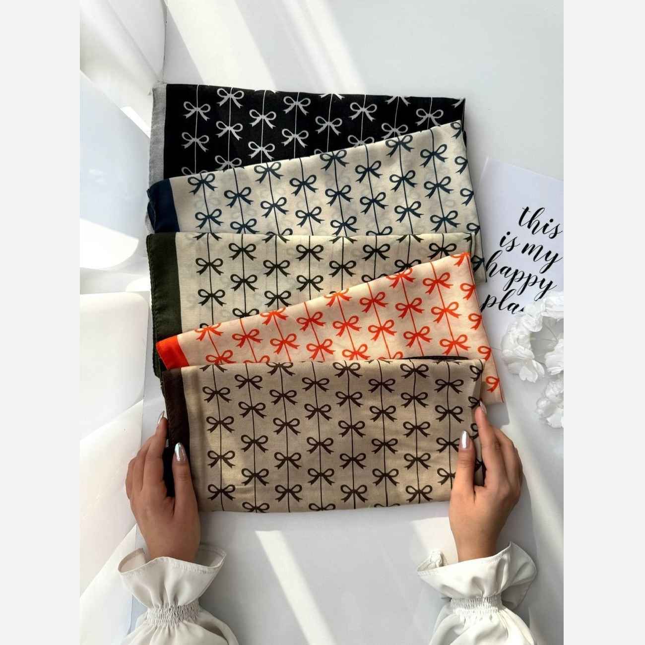 Stylish Mini Headscarf – Cream Foundation & Colorful Bow Detail