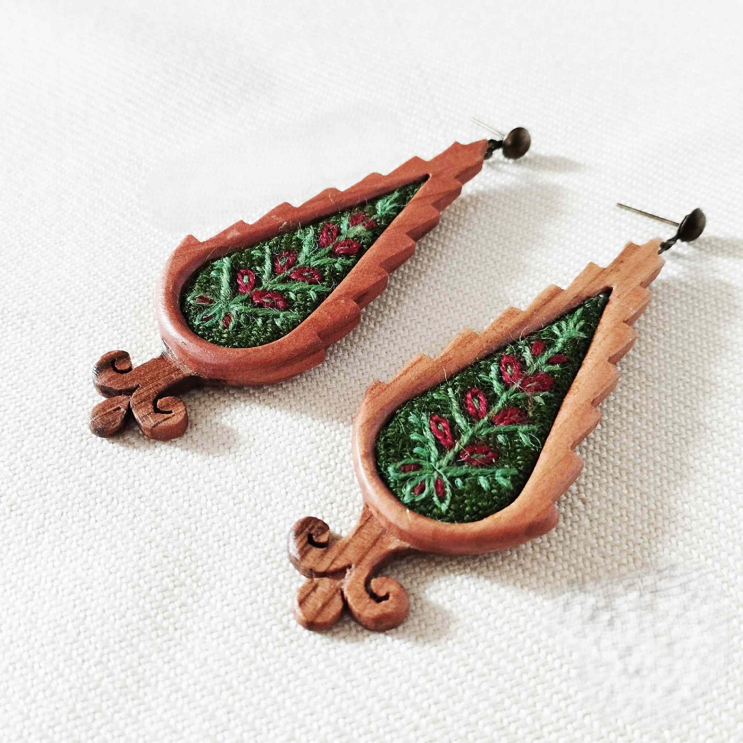 Women's Handmade Wooden Earrings with Traditional Patteh Needlework
