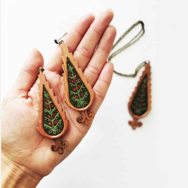 Women’s Handmade Wooden Earrings with Traditional Patteh Needlework