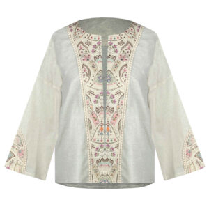 Women’s Linen Manto, Hand-Embroidered with Sequins, Indian Style in Cream
